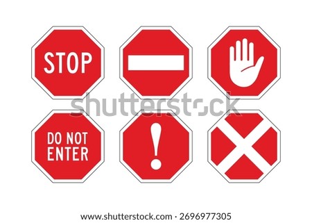 Red octagonal warning icon set for stop, no entry, and hazard alerts