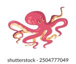 Red octopus aquatic cuttlefish, cephalopod seafood marine fantasy animal. Vector illustration of kraken octopus with tentacles, creature with sucker limbs, sea underwater squid illustration