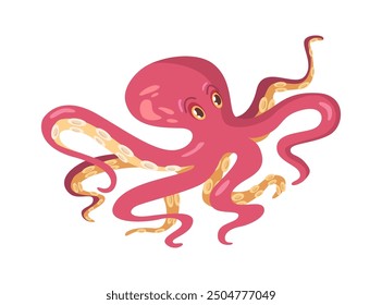 Red octopus aquatic cuttlefish, cephalopod seafood marine fantasy animal. Vector illustration of kraken octopus with tentacles, creature with sucker limbs, sea underwater squid illustration