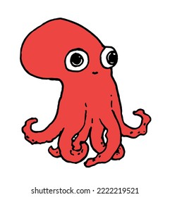 a red octopus with big eyes, a children's marine isolated character with a black outline and tentacles on white