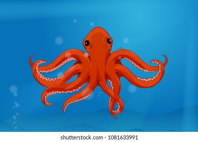 Red octopus in blue water. Colored drawing. Vector illustration