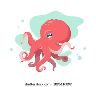 Red octopus cartoon character. Aquatic fauna, ocean creatures. Vector illustration of colored octopus for zoo ad, nature concept, children book illustrating.