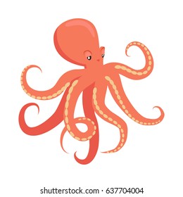 Red octopus cartoon character. Cute octopus flat vector isolated on white background. Aquatic fauna. Octopus icon. Animal illustration for zoo ad, nature concept, children book illustrating