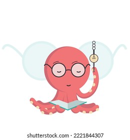 Red octopus cartoon character in glasses reading a book under a lamp.