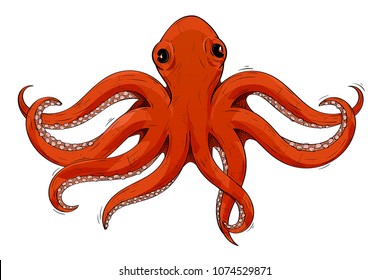 Red octopus. Hand drawn sketch. Vector illustration isolated on white background