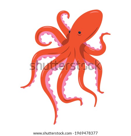 Red octopus isolated vector illustration on white background. Marine life and animals concept. Cute sea monster, underwater predator.