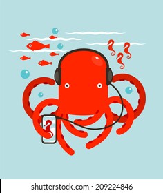 Red Octopus Listening to Smartphone Music. Underwater headphones listener. Vector layered EPS8 illustration.