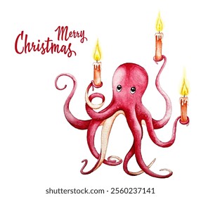 Red octopus ocean creature holding candles in his tentacles vector illustration. Merru Christmas card with octopus. Red giant mollusk, cephalopod squid. Marine or oceanic creature. Funny candelabrum.