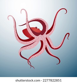 Red octopus ocean monster wildlife vector illustration. Red giant mollusk, cephalopod squid. Sea life fauna creature. Octopus swiming, legs with suckers. Aquatic animal.