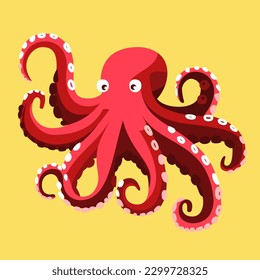 Red octopus on the beach, Aquatic animal mascot logo, squid swimming with different shapes, character designs set, flat character vector illustration