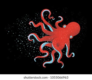 Red Octopus on Black. Underwater animal with tentacles on dark background. Vector illustration.