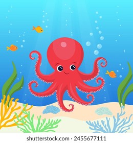 Red octopus swimming in the ocean. Colorful sea bottom. Hand drawn illustration. Web design, print, postcard