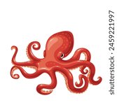 Red octopus with tentacles, cartoon sea and ocean animal. Cute giant kraken monster of fantasy story, cartoon creepy underwater cuttlefish with suckers on legs, swimming octopus vector illustration