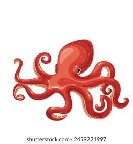 Red octopus with tentacles, cartoon sea and ocean animal. Cute giant kraken monster of fantasy story, cartoon creepy underwater cuttlefish with suckers on legs, swimming octopus vector illustration