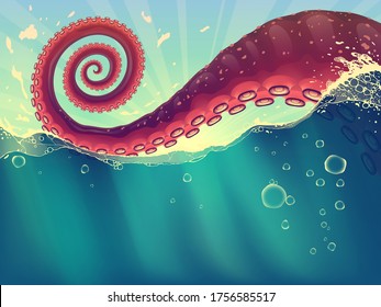 Red Octopus Tentacles Closeup In Sea Water With Splashes Over Blue Background, Summer Under Water Landscape With Oceanic Giant Squid, Cephalopods Monster With Spiral Organ.