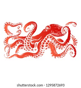 Red Octopus with tentacles. Hand drawn stock vector illustration