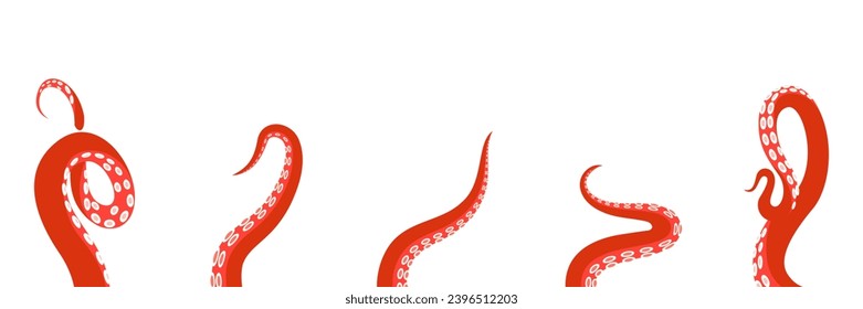 Red octopus tentacles template background. Sea squid cartoon icon. Red octopus tentacles reaching upwards