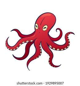 Red octopus with tentacles waving. Marine, underwater animal. Cartoon vector illustration