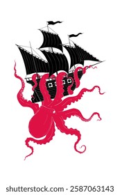 A red octopus wraps around a small sailing ship