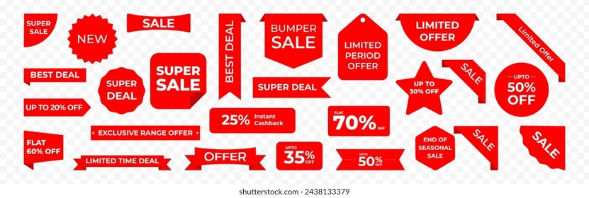 Red offer labels icon set isolated on transparent background