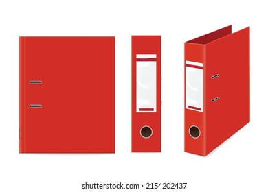 Red office binder or folder with metal rings set, realistic template vector illustration isolated on white background. Mockups collection of documents ring binder.