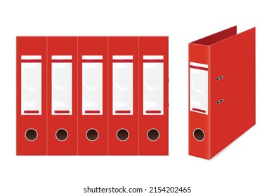 Red office binders or folders set, standing in row and single, realistic template vector illustration isolated on white background. Mockups of office document cases.