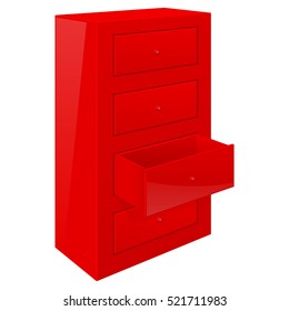 Red office cabinet. With open drawer. Vector illustration isolated on white background.