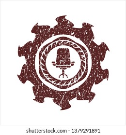 Red office chair icon inside rubber seal with grunge texture