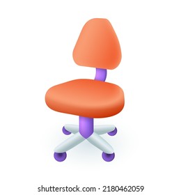 Silla roja de oficina para trabajar o estudiar icono 3D. Cátedra para ilustración vectorial 3D en aula, oficina doméstica o lugar de trabajo sobre fondo blanco. Concepto de negocios, educación, muebles