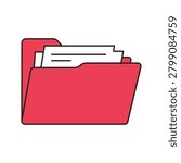 Red office folder vector line icon with white documents inside. Minimalist filled outline symbol of archive and file storage isolated on a white background with editable stroke.