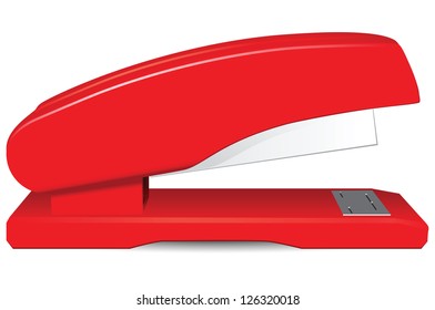 Red office stapler for stapling paper. Vector illustration.