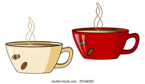 Red and offwhite Coffee cups with a hot steam and beans design. Vector illustration.