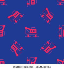 Red Oil platform in the sea icon isolated seamless pattern on blue background. Drilling rig at sea. Oil platform, gas fuel, industry offshore.  Vector