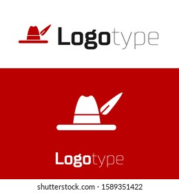 Red Oktoberfest hat icon isolated on white background. Hunter hat with feather. German hat. Logo design template element. Vector Illustration