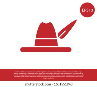 Red Oktoberfest hat icon isolated on white background. Hunter hat with feather. German hat.  Vector Illustration