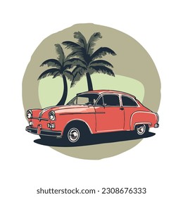 red old car with palm tree on the beach illustration for t shirt design