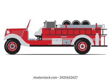 Camión de bomberos viejo rojo, vehículo de emergencia. Elemento de diseño de los bomberos. Vector de vista lateral Ilustración sobre un fondo blanco.