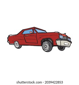 Red old and iconic vintage car tuned as a low rider driving trough the street. Hand drawn colored illustration with outline. Single old school automobile pen drawn vector. Classic retro vehicle logo.