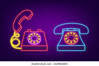 Red old phone in classic style on white background. Neon vector illustration