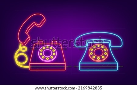 Red old phone in classic style on white background. Neon vector illustration