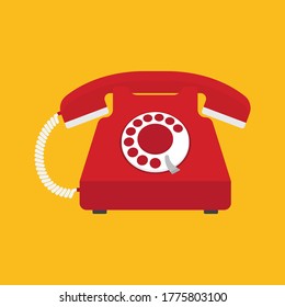 Red old phone flat icon. Retro styled telephone. Vector illustration