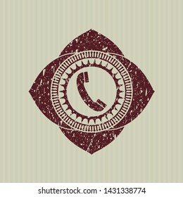 Red old phone icon inside rubber grunge texture seal