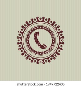 Red old phone icon inside grunge seal. 