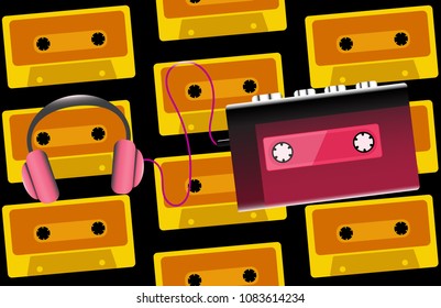 Red old retro vintage hipster realistic volumetric portable music cassette audio player for audio cassettes from the 80's, 90's and headphones on the background of audio cassettes. Vector illustration