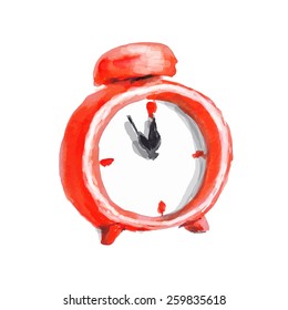 Red old style alarm clock on white background