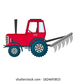 Red old tractor with a plow for arable fields. Side view. Vector flat graphic illustration. The isolated object on a white background. Isolate.