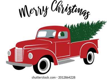 Red old truck with a pine tree on its platform with the inscription Merry Christmas