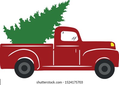 Red old vintage truck with christmas tree on white background.