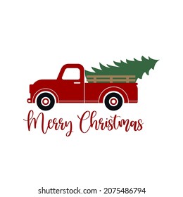 Red old vintage truck with a Christmas pine tree isolated vector on white background.
