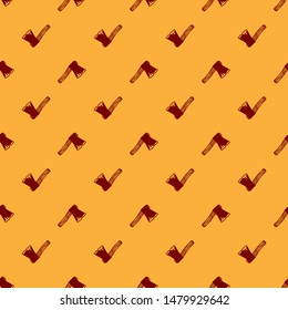 Red Old wooden axe icon isolated seamless pattern on brown background. Lumberjack axe.  Vector Illustration